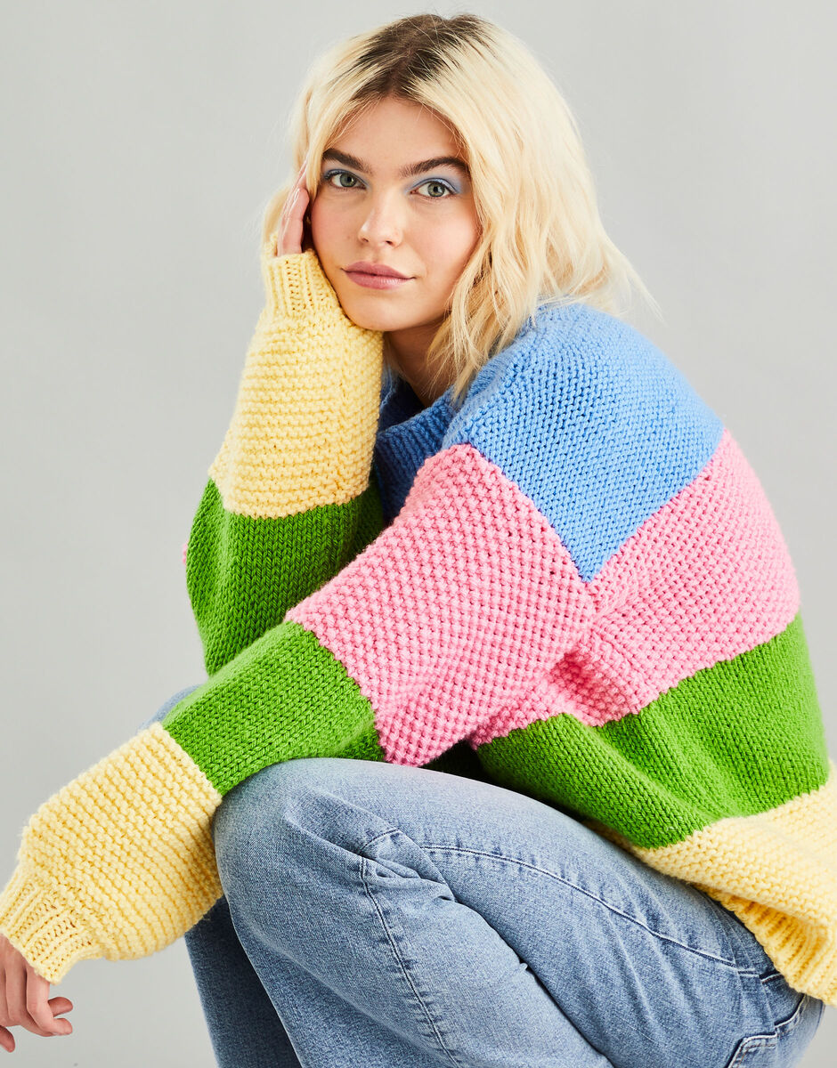 Striped Balloon Sleeve Sweater in Hayfield Bonus Chunky